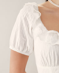 White Embroidery Puffed Sleeve Maxi Dress | Rihoas