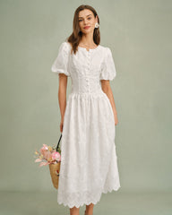 White Round Neck Floral Midi Dress | Rihoas