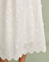 White Round Neck Floral Midi Dress | Rihoas