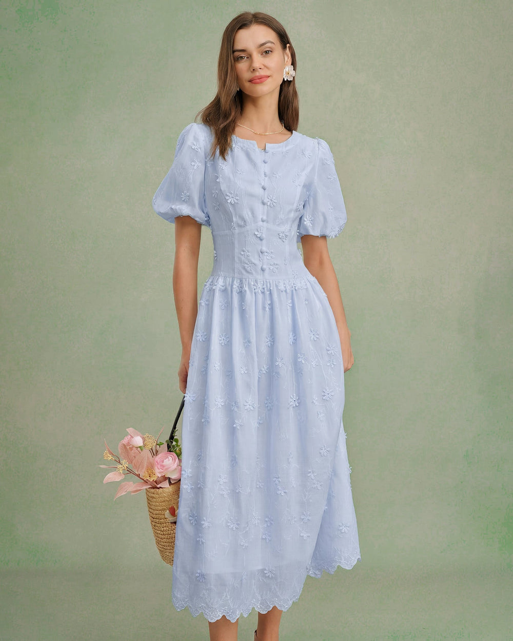 Blue Floral Textured Midi Dress | Rihoas