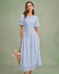 Blue Floral Textured Midi Dress | Rihoas