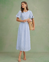Blue Floral Textured Midi Dress | Rihoas
