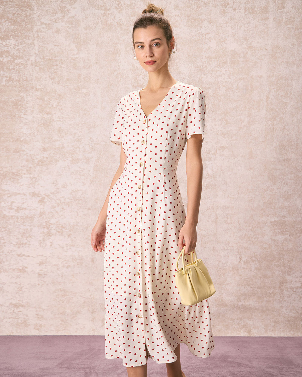 The Beige V Neck Polka Dot Button Midi Dress | Rihoas