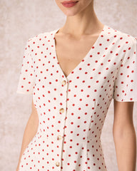 The Beige V Neck Polka Dot Button Midi Dress | Rihoas