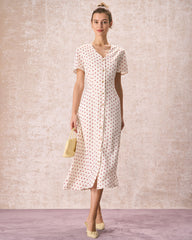 The Beige V Neck Polka Dot Button Midi Dress | Rihoas
