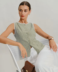 Green Boat Neck Plaid Tank Top | Rihoas