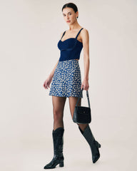 Navy Floral A-Line Mini Skirt | Rihoas