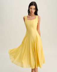 Yellow Square Neck Pleated Slip Midi Dress | Rihoas
