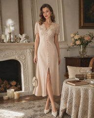 Apricot V Neck Lace Midi Dress | Rihoas