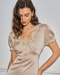 Apricot V Neck Lace Midi Dress | Rihoas