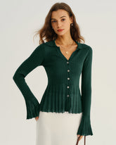 Green V-Neck Bell Sleeve Knit Cardigan | Rihoas