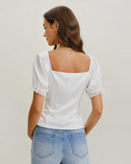 White Square Neck Lace Satin Blouse | Rihoas