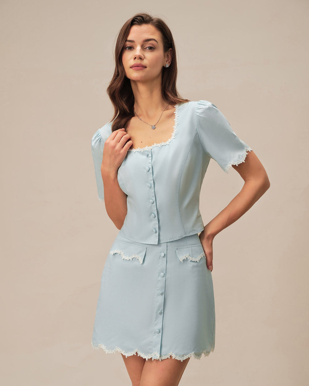 Blue Lace Button Square Neck Shirt | Rihoas