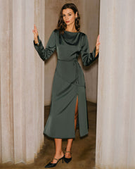 Green Satin Cowl Neck Slit Midi Dress | Rihoas