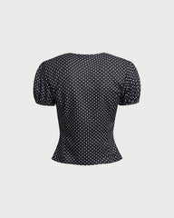 Black Polka Dot Lace Trim Blouse | Rihoas