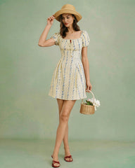 Apricot Square Neck Floral Mini Dress | Rihoas