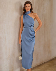 Blue One Shoulder A-Line Satin Maxi Dress | Rihoas