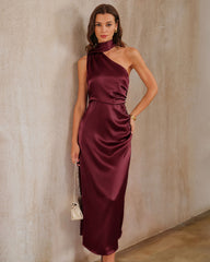 Wine Red Satin One Shoulder Maxi Dress | Rihoas