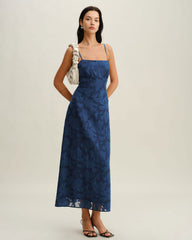 Navy Jacquard Slip Backless Maxi Dress | Rihoas