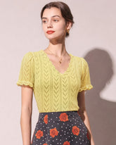 Yellow V Neck Cut Out Textured Sweater | Rihoas