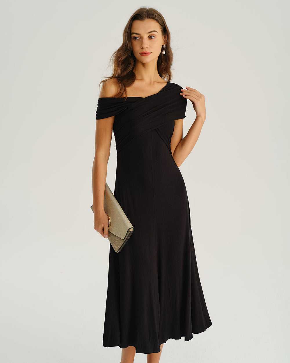 Black One Shoulder A-Line Midi Dress | Rihoas