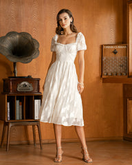 Beige Square Neck Puffed Sleeve Midi Dress | Rihoas