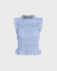 Blue Plaid Shirred Button Tank | Rihoas