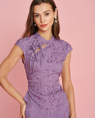 Purple Mandarin Collar Jacquard Tee | Rihoas