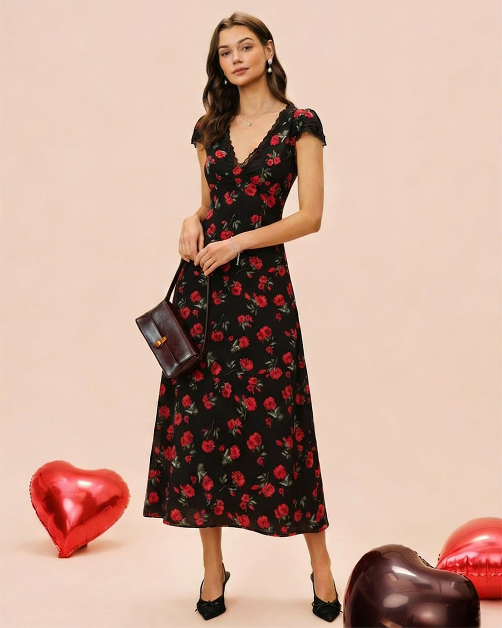Black Floral V Neck Maxi Dress | Rihoas