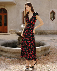 Black Floral V Neck Maxi Dress | Rihoas