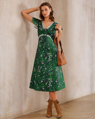 Green Floral V Neck Ruched Midi Dress | Rihoas
