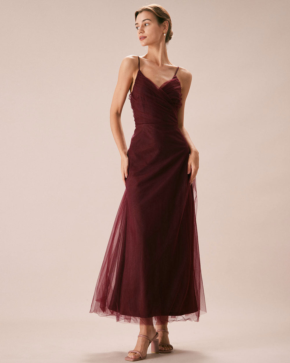 The Wine Red V Neck Mesh Wrap Maxi Dress | Rihoas