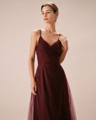 The Wine Red V Neck Mesh Wrap Maxi Dress | Rihoas