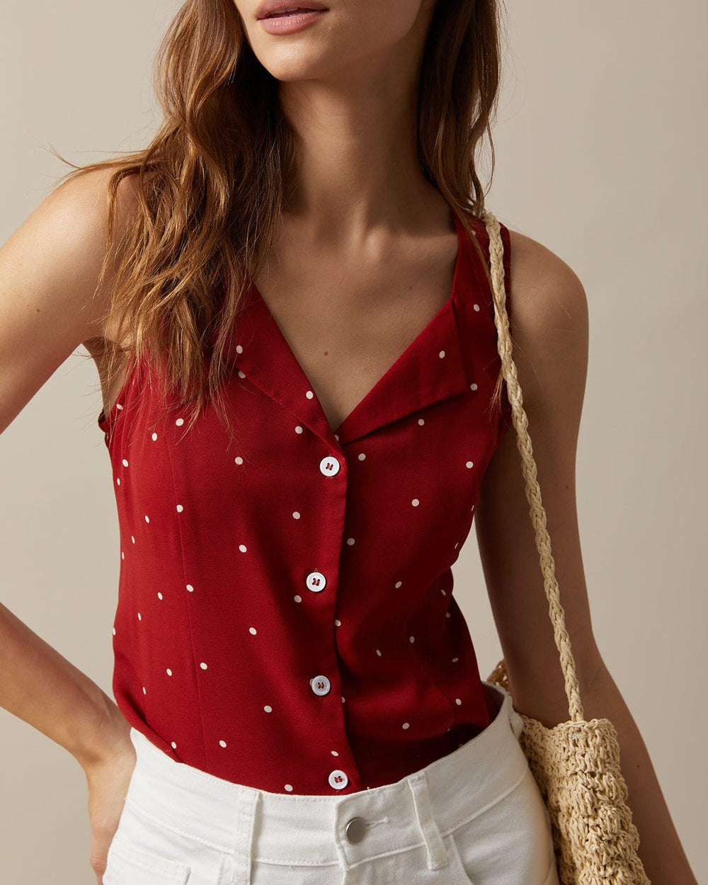 The Red V Neck Polka Dot Print Sleeveless Vest | Rihoas