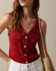 The Red V Neck Polka Dot Print Sleeveless Vest | Rihoas
