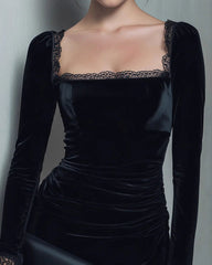 Black Square Neck Velour Mini Dress | Rihoas