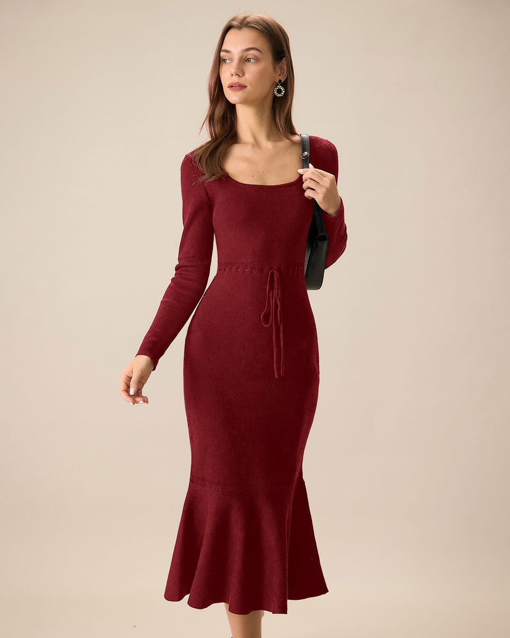 Red Square Neck Mermaid Sweater Dress | Rihoas