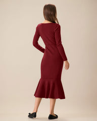 Red Square Neck Mermaid Sweater Dress | Rihoas