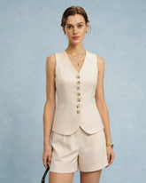 Apricot V Neck Button Two-Piece Set | Rihoas