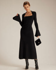 The Black Square Neck Flare Sleeve Midi Dress | Rihoas