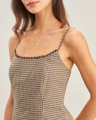 Brown Sleeveless Plaid Shirred Cami Top | Rihoas