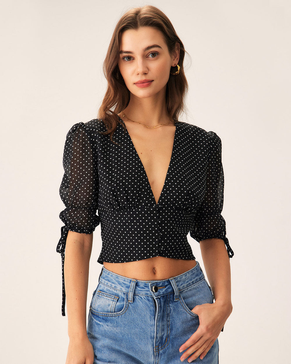 Black V-Neck Polka Dot Blouse | Rihoas