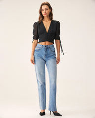 Black V-Neck Polka Dot Blouse | Rihoas