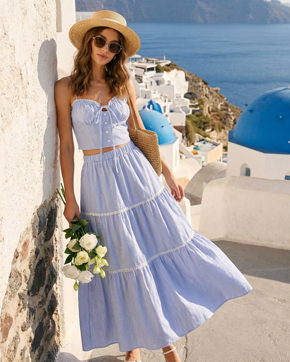 Blue Elastic Waist Midi Skirt | Rihoas