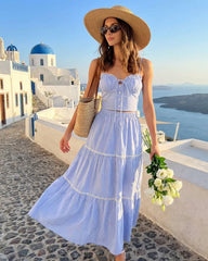Blue Elastic Waist Midi Skirt | Rihoas