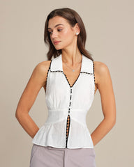 White Collar Button Tank Top | Rihoas