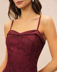 Wine Red Sweetheart Neck Jacquard Slip Midi Dress | Rihoas
