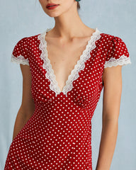 The Red V Neck Polka Dot Lace Ruched Maxi Dress | Rihoas