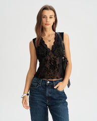Black Lace V Neck Tank Top | Rihoas
