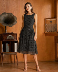 Black Polka Dot Chiffon Midi Dress | Rihoas